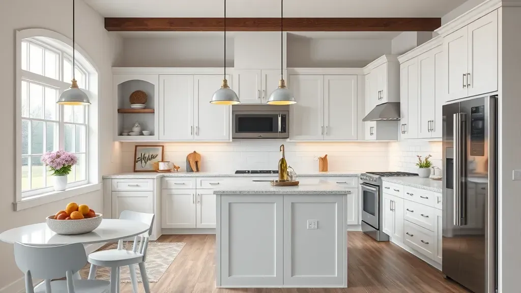 Renovated Clinton, TN kitchen with modern matte cabinets, stainless steel appliances, quartz island, subway tile backsplash, and hardwood floors.