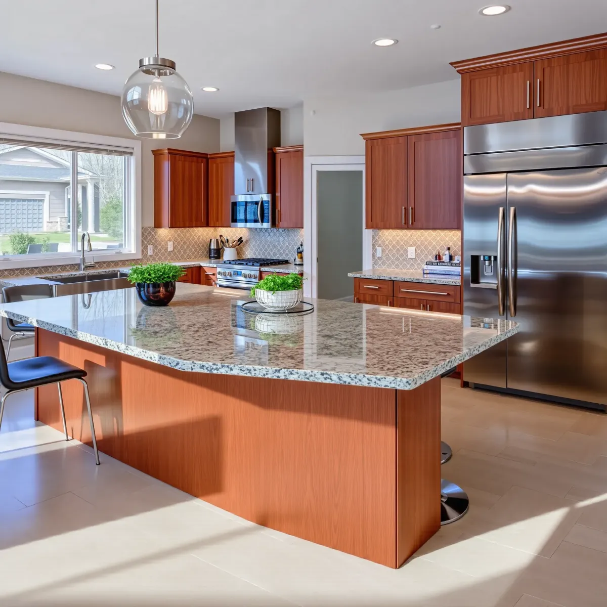 Remodeled Morristown, TN kitchen with granite counters, stainless appliances, wooden cabinets, hardwood flooring, and mountain views.