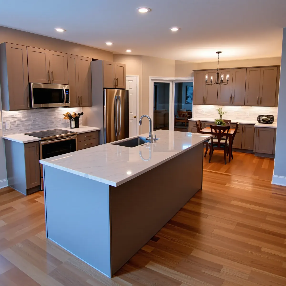 Renovated Alcoa, TN kitchen with modern matte cabinets, stainless steel appliances, quartz countertops, and hardwood floors.