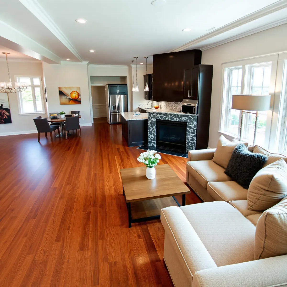 Modern Rockford TN home interior after renovation, featuring open living spaces, stylish kitchen, and landscaped exterior.