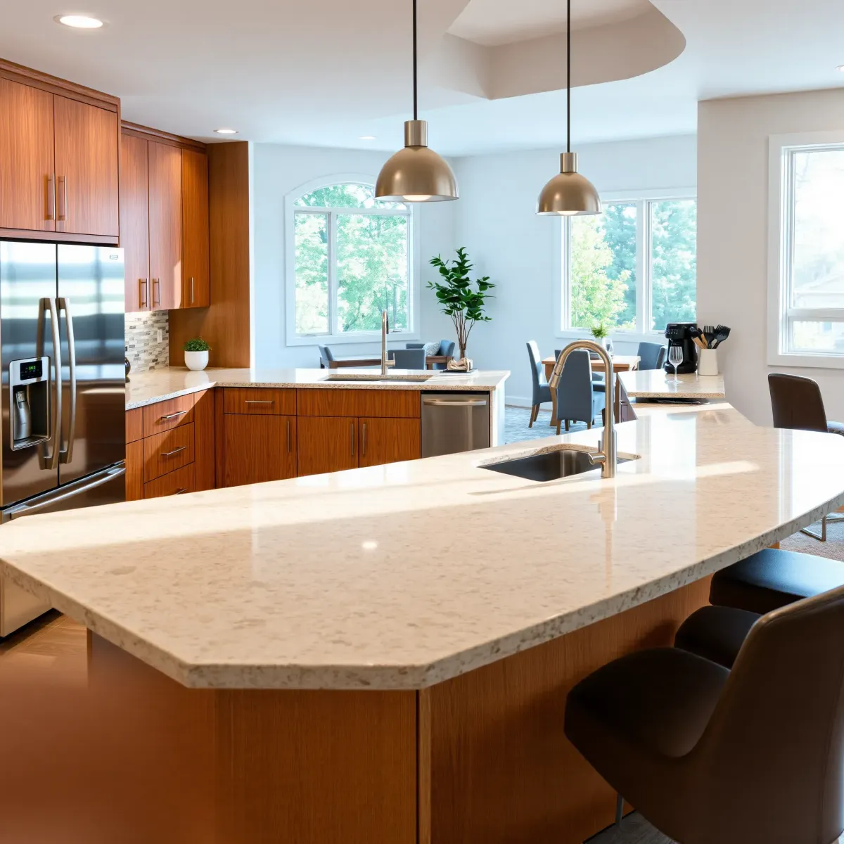 Newly remodeled LaFollette, TN kitchen with modern wood cabinets, stainless appliances, marble island, lush greenery view.