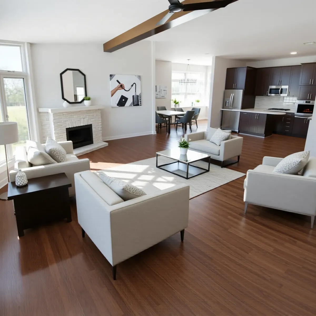 Beautiful renovated living room with modern decor, stylish furniture, large windows, and an open-concept kitchen.