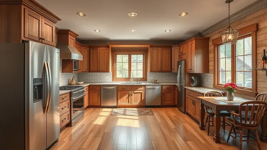 Recently remodeled Pigeon Forge kitchen with quartz countertops, wooden cabinets, mountain views, and stainless steel appliances.