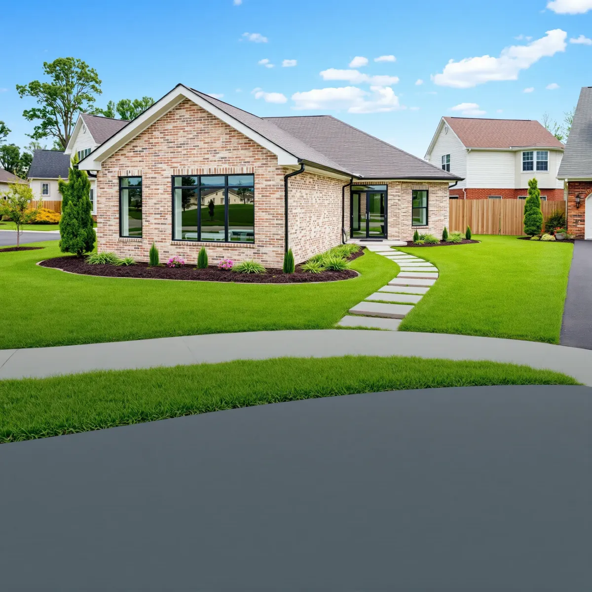 New home addition in Knoxville, TN featuring modern design, brick, large windows, landscaped surroundings, and seamless integration.