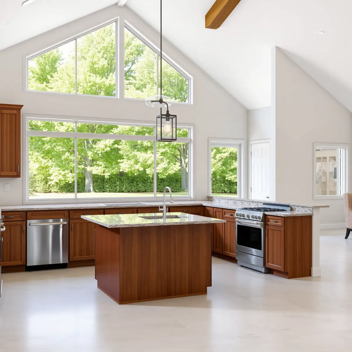 Beautiful renovated Madisonville, TN kitchen with granite counters, stainless appliances, wooden cabinets, and natural light.