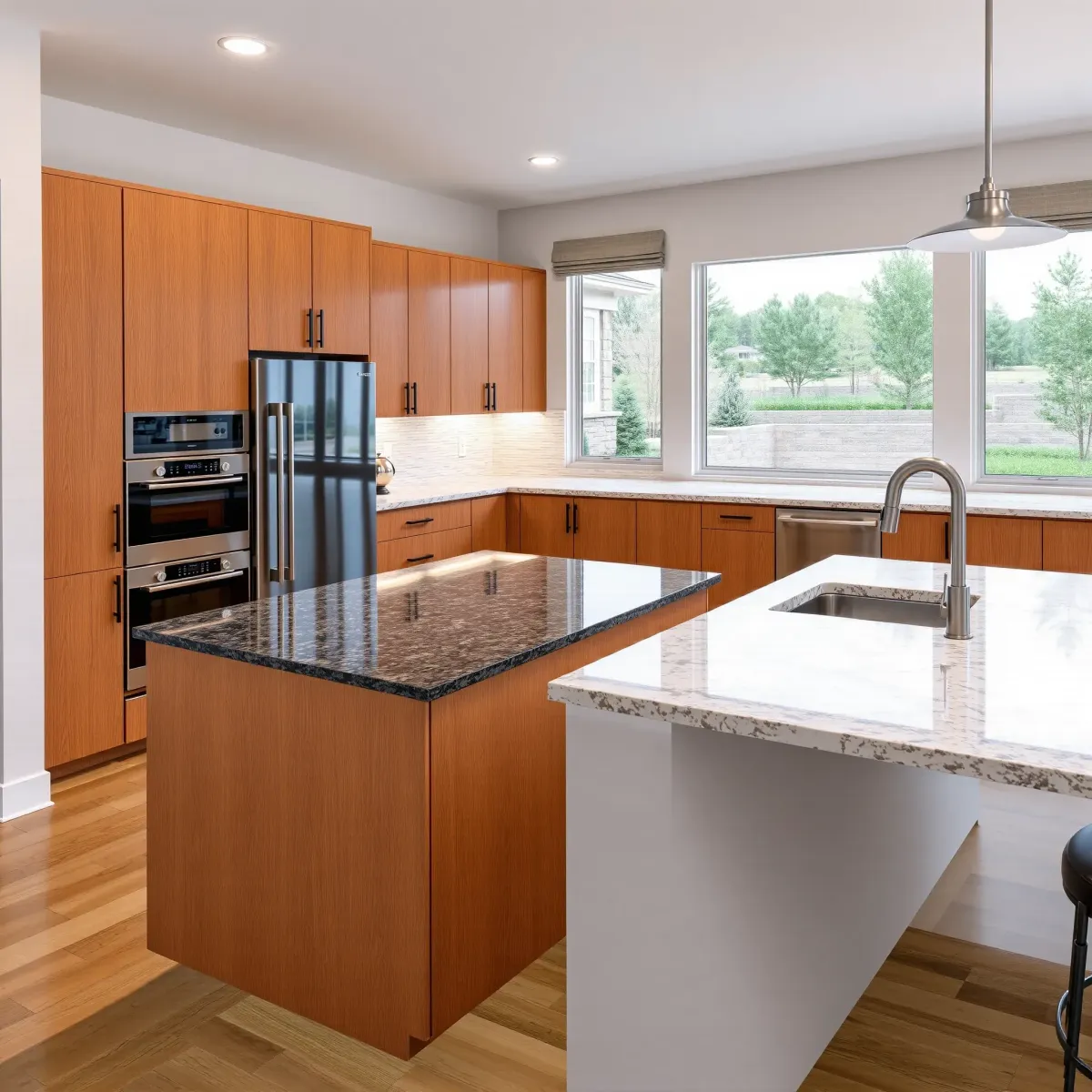 Fully renovated Kingston, TN kitchen with modern wood cabinetry, quartz island, stainless appliances, and natural lighting.