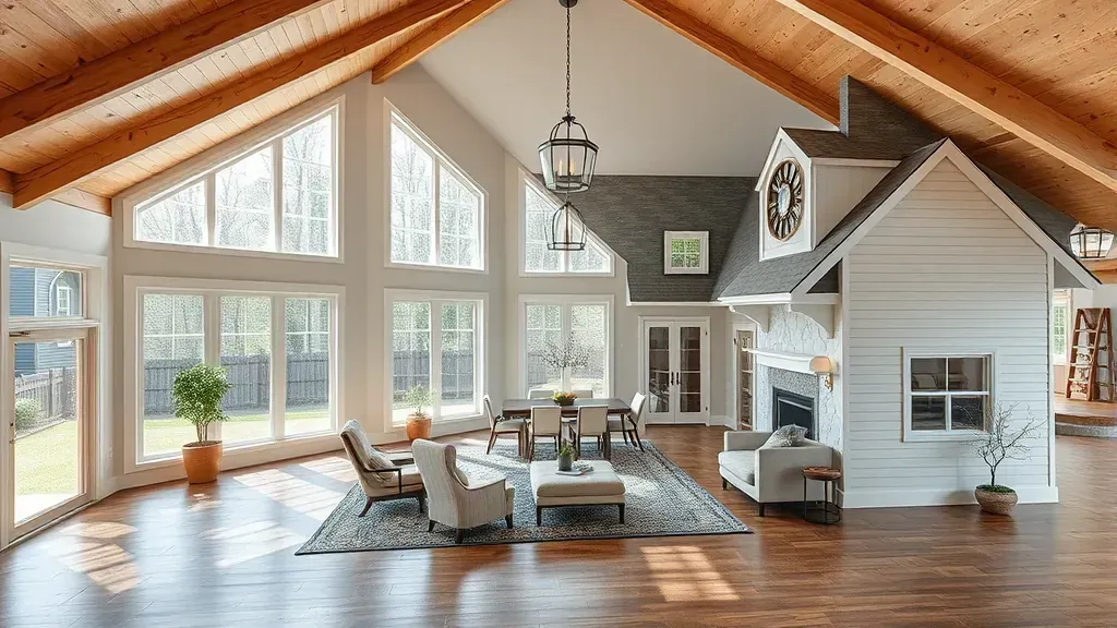 Remodeled Athens, TN home interior with a modern living room, hardwood floors, fireplace, large windows, and a stylish kitchen.