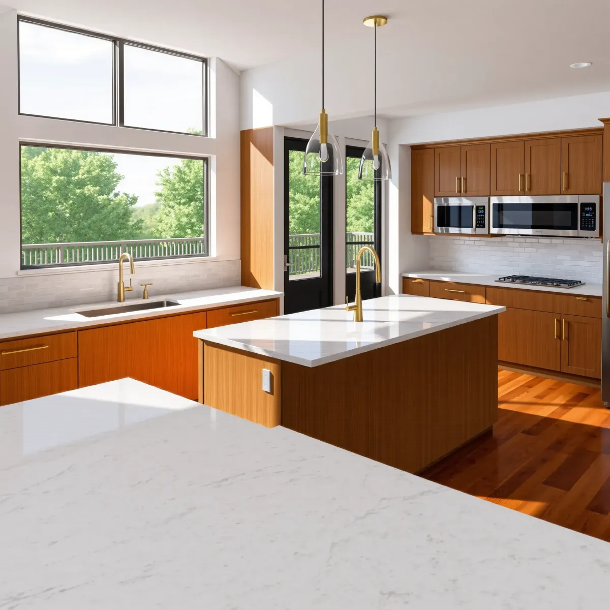 Bright, modern Morristown kitchen with wood cabinetry, stainless steel appliances, granite island, and lush backyard view.