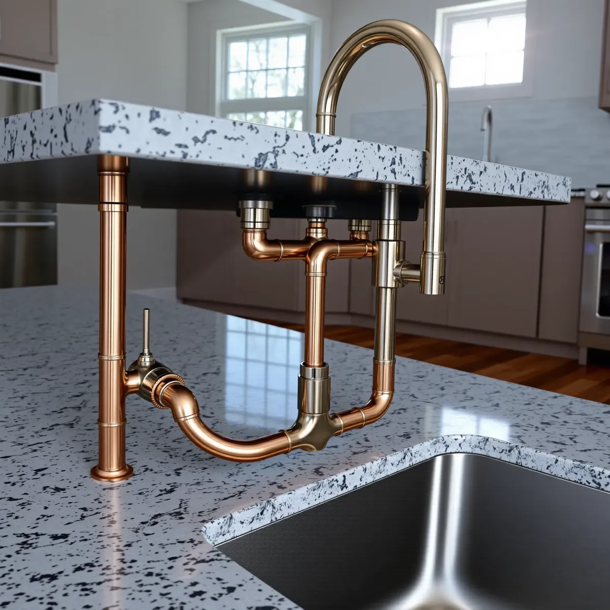 Kitchen plumbing with polished copper pipes, modern fixtures, granite countertops, stainless appliances, and natural light.