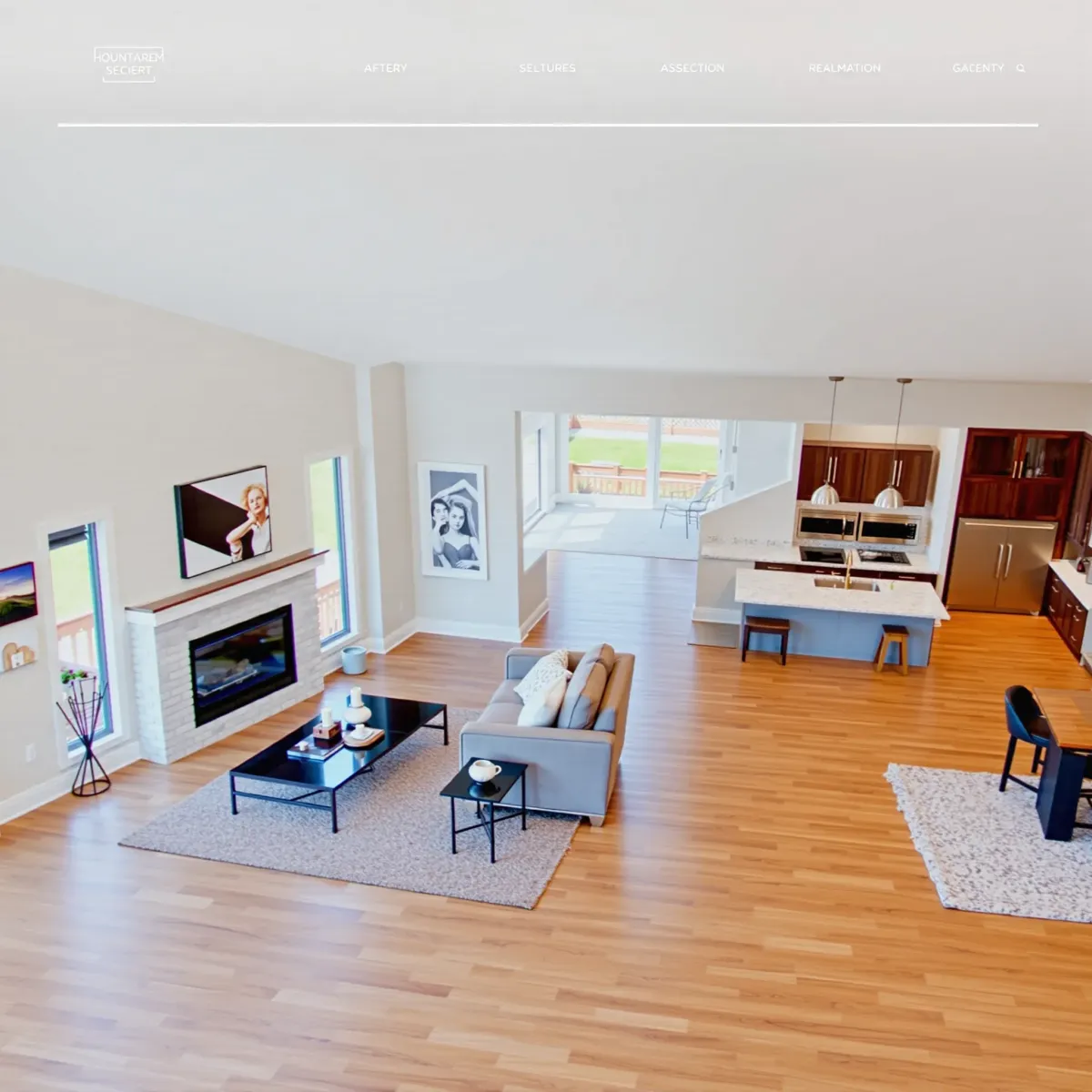Modern renovated Johnson City home interior with hardwood floors, large windows, sleek fireplace, contemporary decor, and open kitchen.