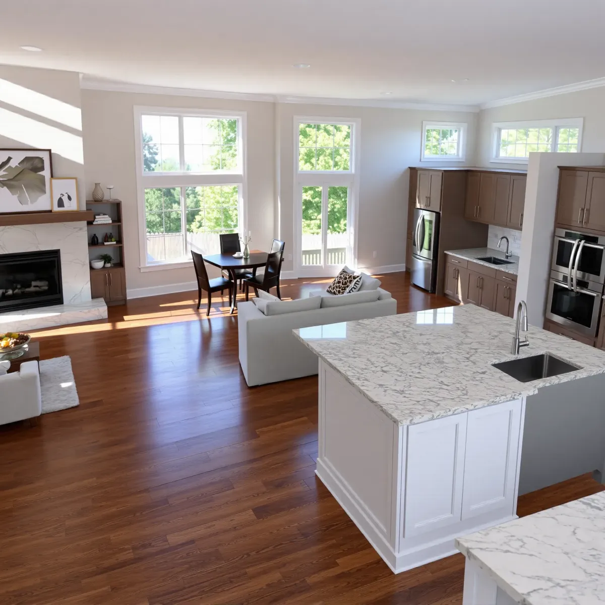 Whole-Home Remodeling in Seymour, TN showcasing a modern kitchen, cozy living room, and elegant bedroom designs.