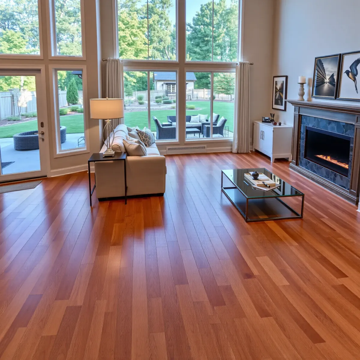Freshly renovated rustic living room in Rutledge, TN featuring hardwood floors, wooden beams, large windows, modern furniture, and an open-plan kitchen.