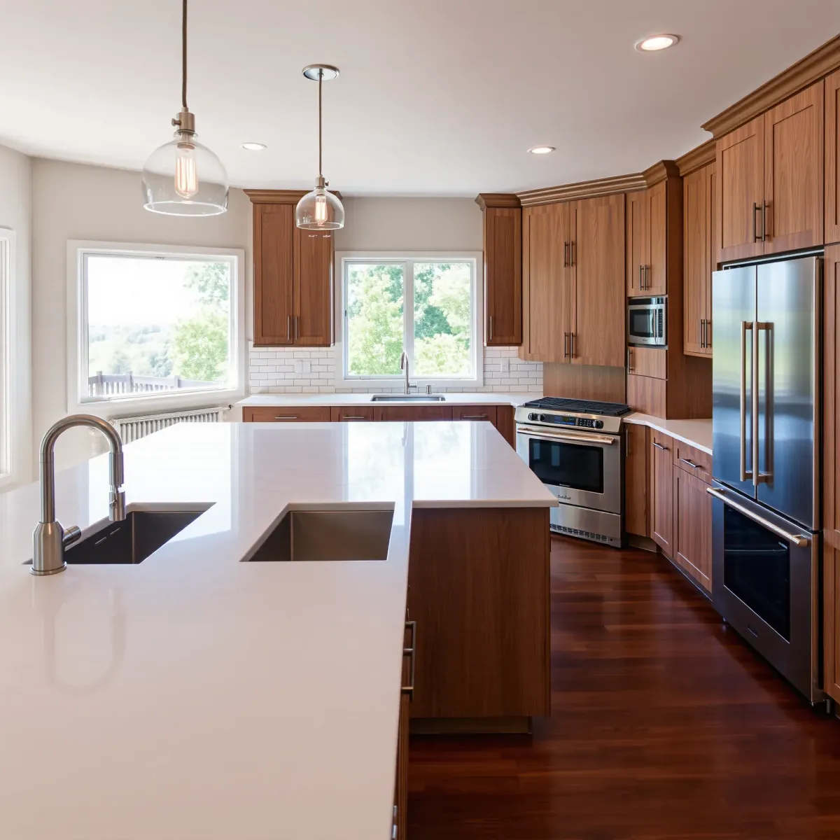 Remodeled Kingston, TN kitchen with granite countertops, stainless steel appliances, hardwood floors, and natural light.