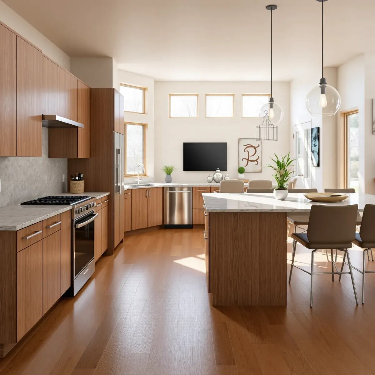 Renovated modern kitchen in Karns, TN with wood cabinets, stainless steel appliances, granite countertops, and hardwood floors.