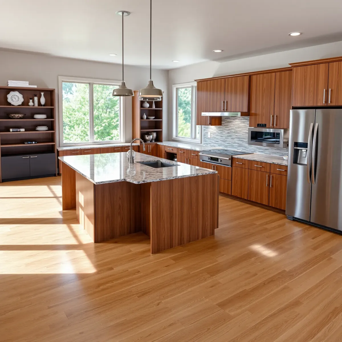 Completed modern kitchen in Etowah, TN with wood cabinetry, granite countertops, stainless steel appliances, and natural light.