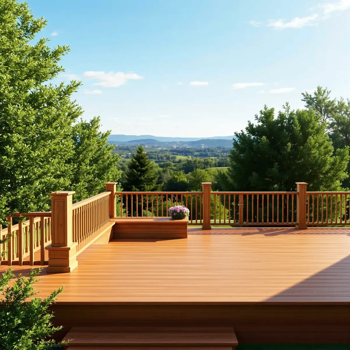 Beautiful wooden deck with built-in seating, planters, intricate railings, lush greenery, Knoxville skyline, and scenic hills.