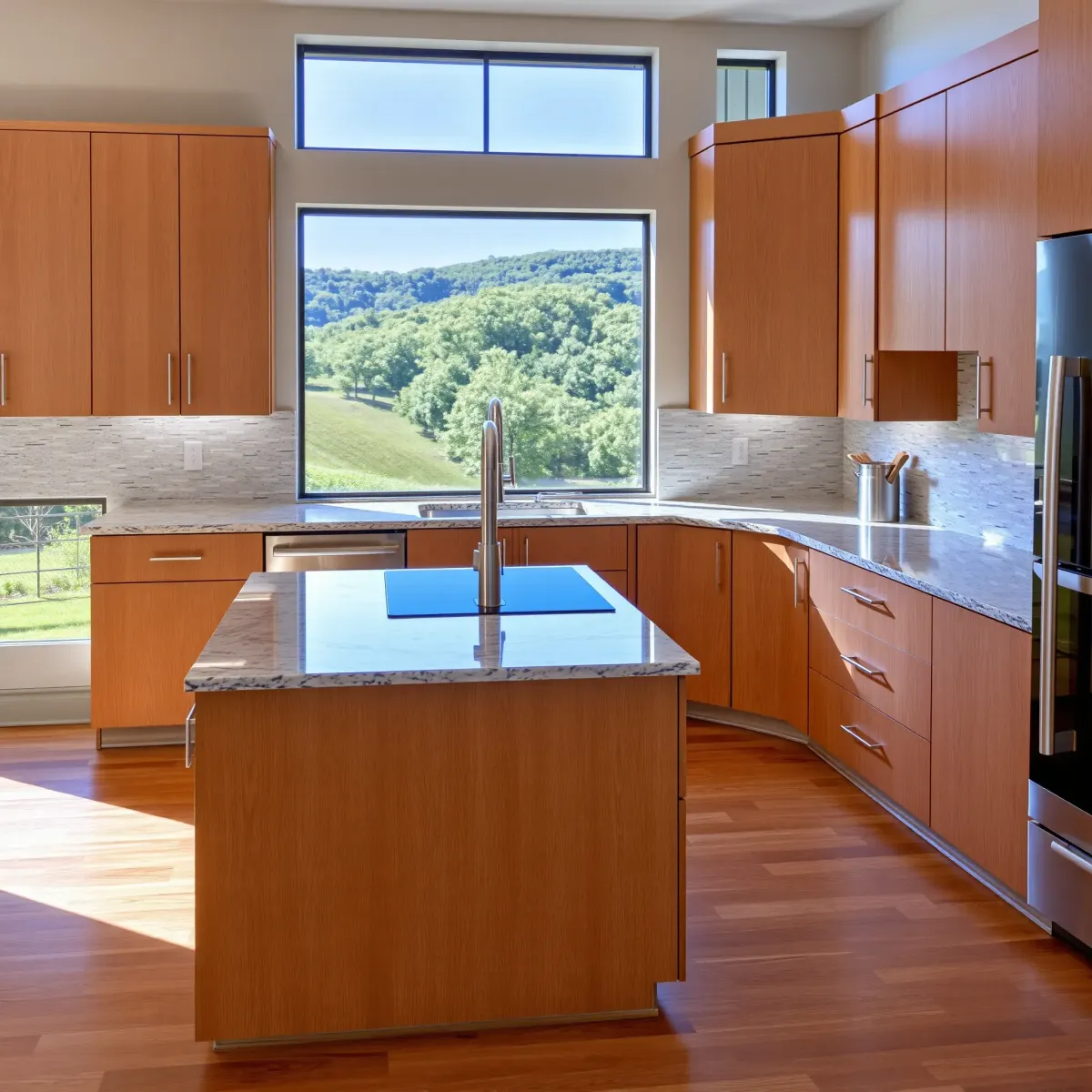 Recently remodeled Dandridge, TN kitchen with modern wood cabinetry, quartz countertops, stainless steel appliances, and scenic Tennessee views.