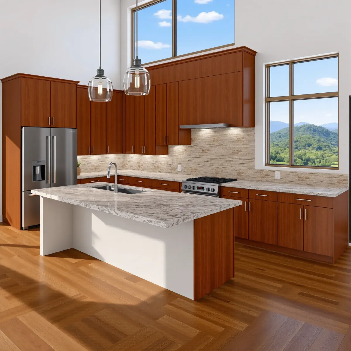 Beautiful Sevierville kitchen remodel with granite countertops, stainless steel appliances, wooden cabinets, mountain view.