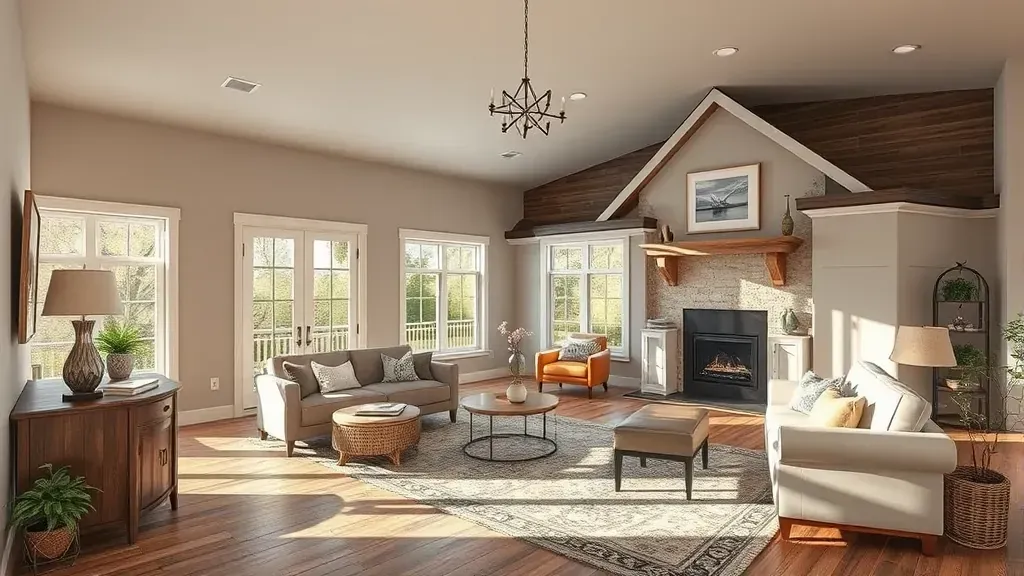 Bright, modern living room and kitchen in Friendsville, TN, blending rustic charm with sleek designs and lush outdoor views.