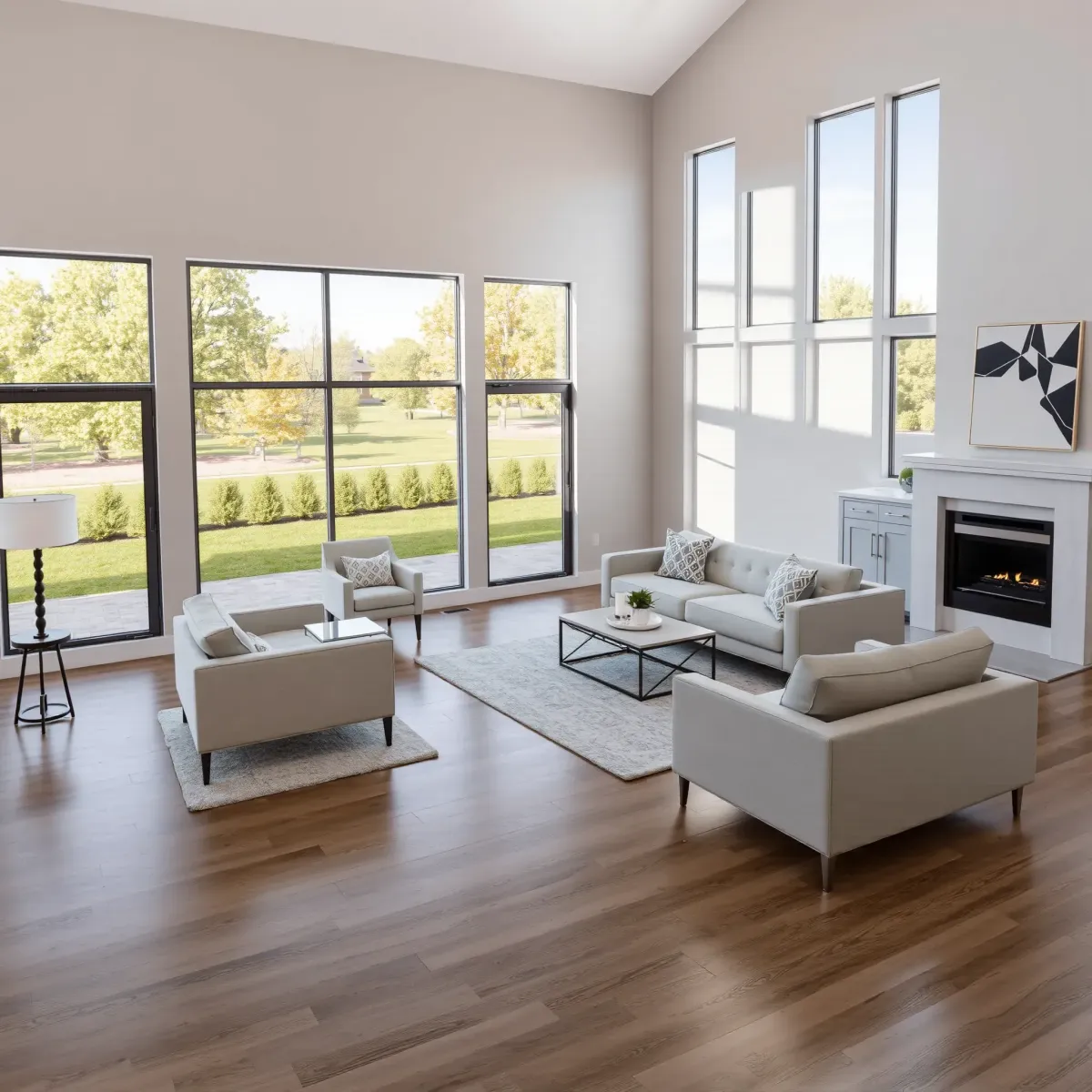 Remodeled Farragut, TN living room with modern design, hardwood floors, sleek furniture, fireplace, and bright open space.