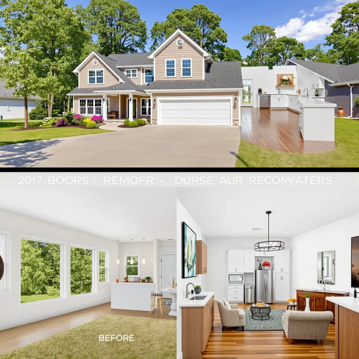 Beautiful renovated Louisville home with modern design, lush landscaped yard, large windows, and stylish exterior details.