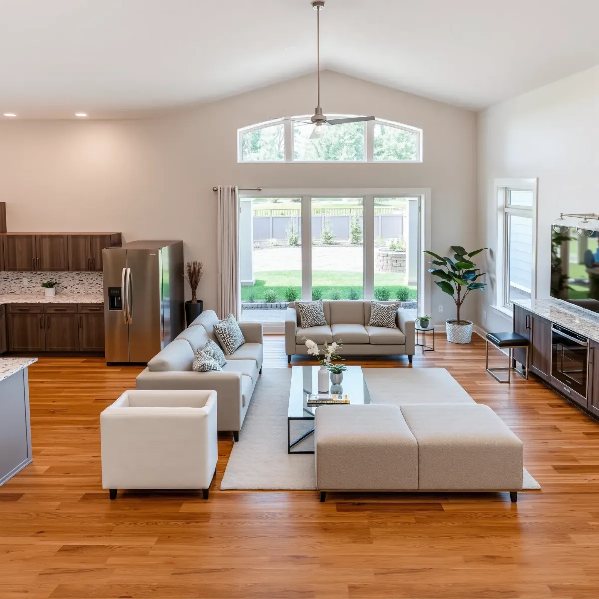 Recently remodeled Friendsville, TN home featuring a modern open living space, stylish kitchen, dining area, and lush outdoor view.