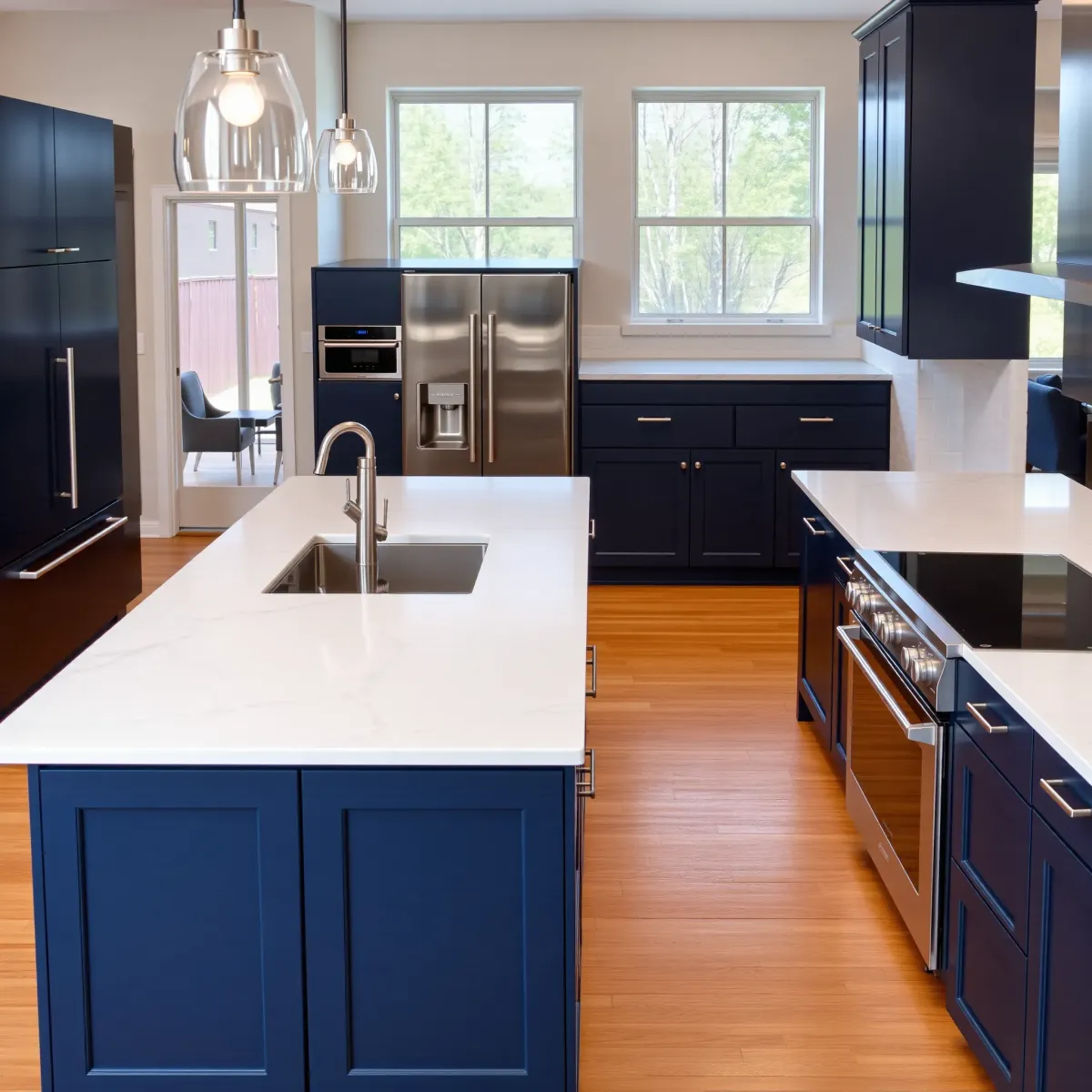 Recently remodeled modern kitchen in Seymour, TN with neutral cabinetry, quartz countertops, a spacious island, stainless steel appliances, and hardwood flooring.