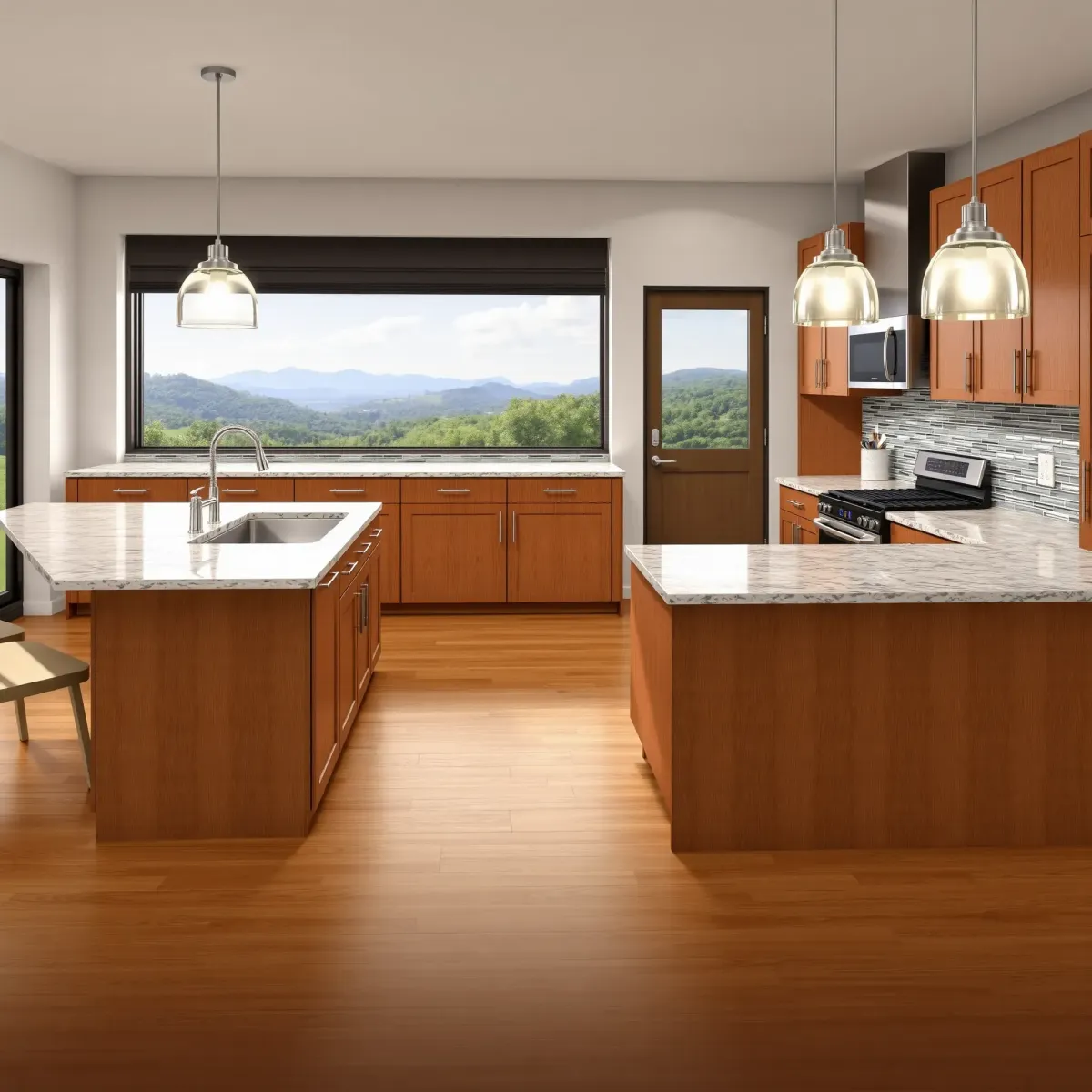 Modern Dandridge kitchen with sleek cabinetry, stainless steel appliances, granite island, natural light, and scenic outdoor view.