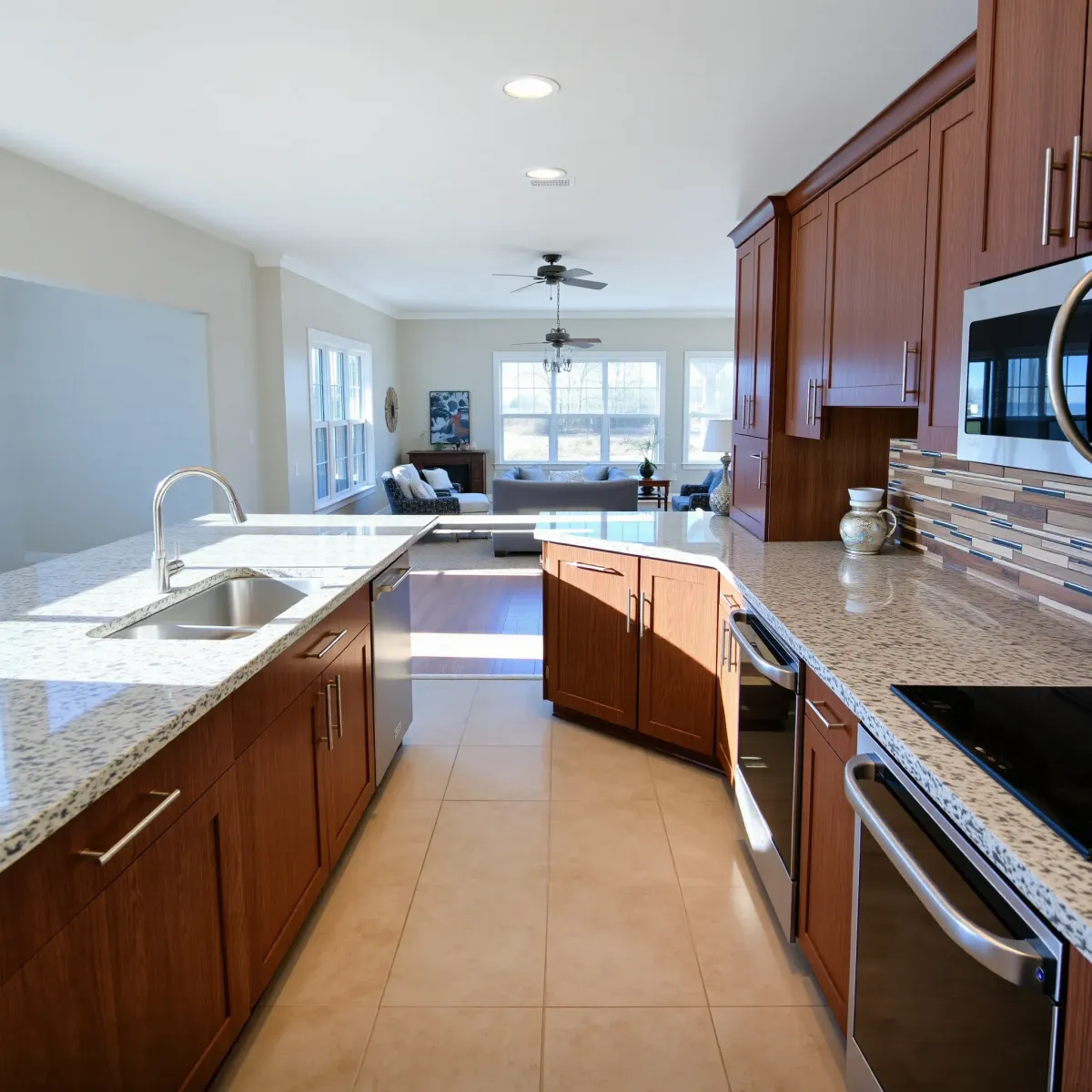 Remodeled Harriman, TN kitchen with modern wood cabinetry, granite countertops, stainless steel appliances, and natural light.