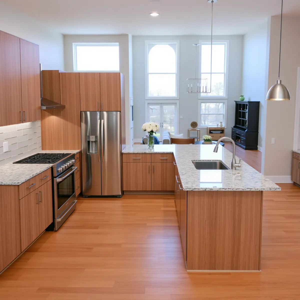 Remodeled Kingston, TN kitchen with quartz countertops, stainless appliances, wooden cabinets, marble island, and natural light.