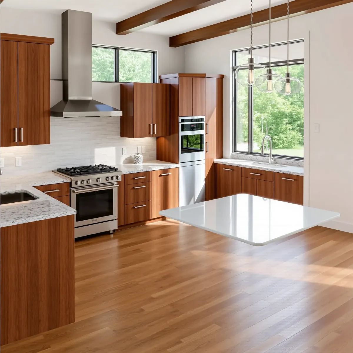 Remodeled Rutledge, TN kitchen with modern wood cabinets, granite counters, stainless appliances, and natural light.