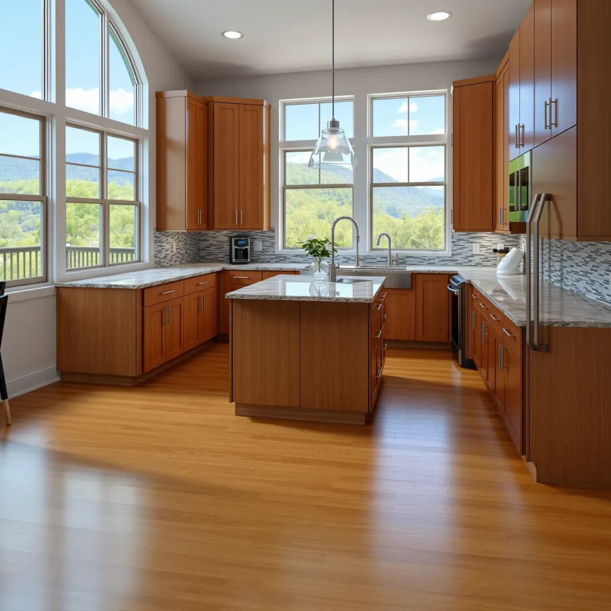 Modern Pigeon Forge kitchen with wooden cabinets, marble island, stainless appliances, mountain view, hardwood floor.