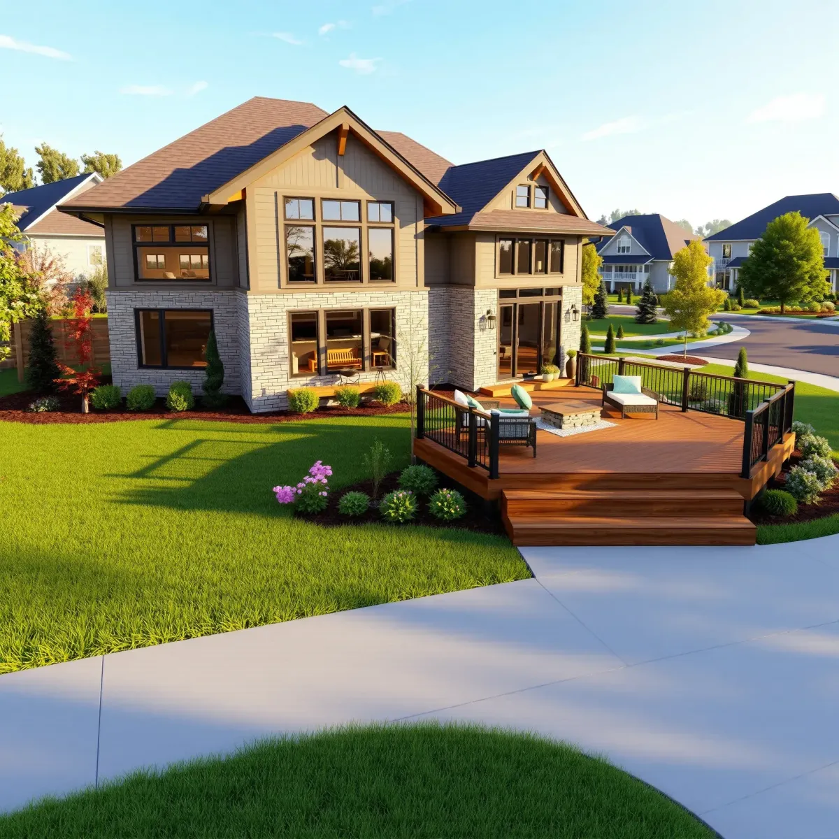New home addition in Knoxville featuring a modern Craftsman style with stone accents, large windows, and a cedar deck.