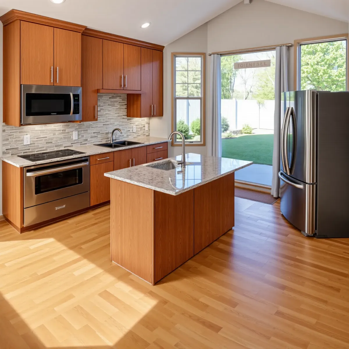 Remodeled Rockwood, TN kitchen with warm wood cabinetry, granite countertops, stainless appliances, natural light, and hardwood floors.