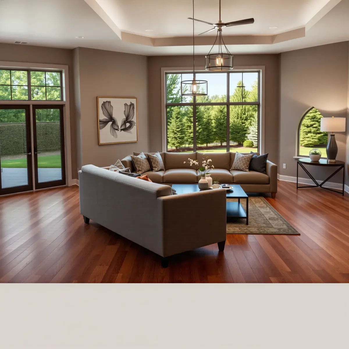Beautiful renovated living room with hardwood floors, modern decor, large windows, and open kitchen in Wartburg, TN.
