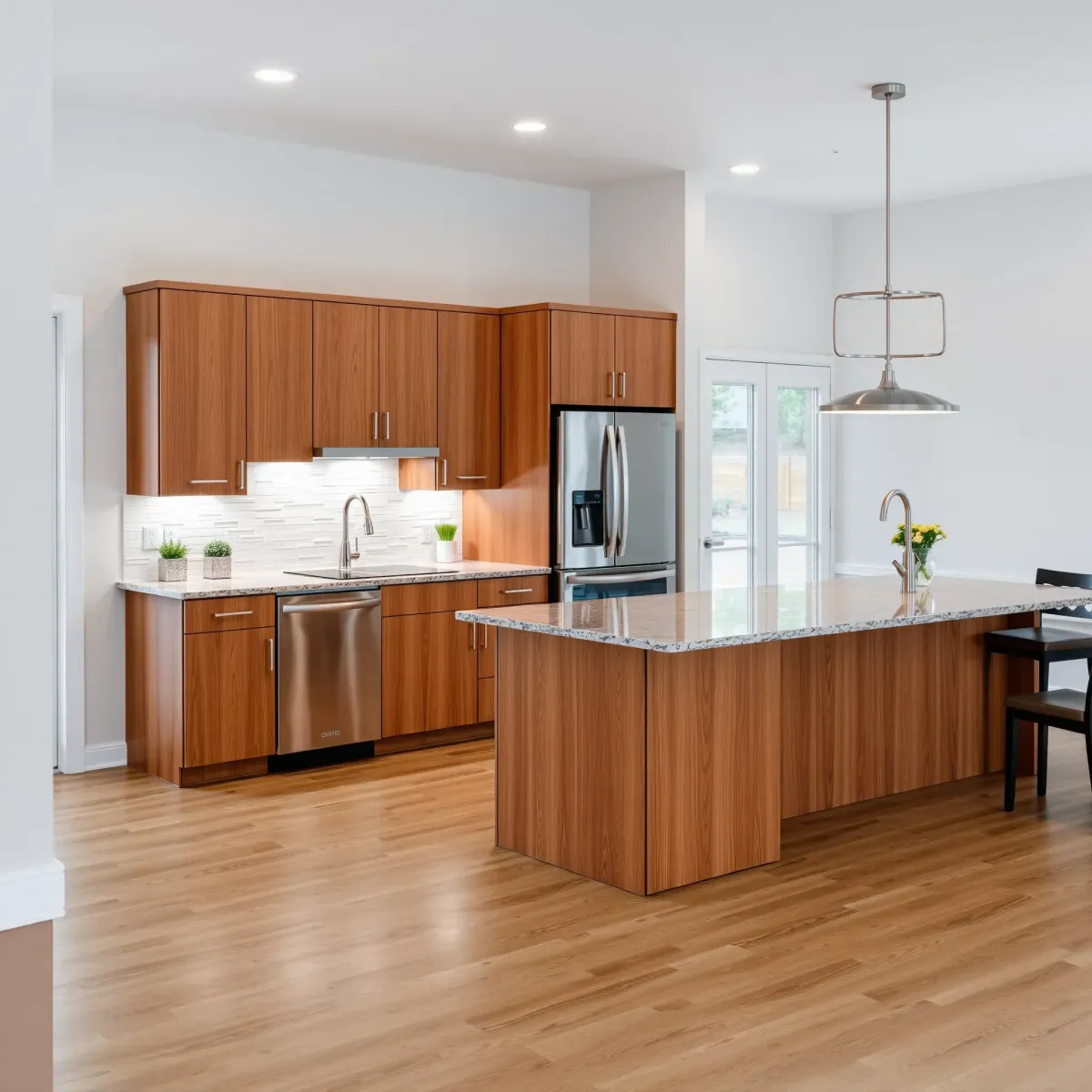 Bright renovated Halls Crossroads kitchen with modern wood cabinets, stainless steel appliances, granite island, and natural light.