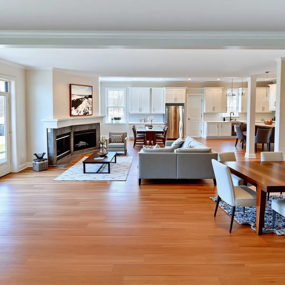 Modern interior of a completed home remodel in Clinton, TN, featuring an open living area with a sleek kitchen and stylish decor.