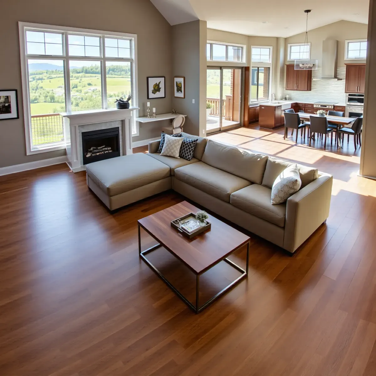 Spacious Knoxville home interior post-remodel featuring modern living room, kitchen, dining area, natural light, and scenic outdoor views.