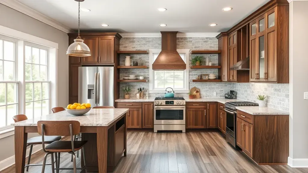 Modern Vonore kitchen with sleek cabinets, quartz counters, stainless steel appliances, and lush outdoor view.