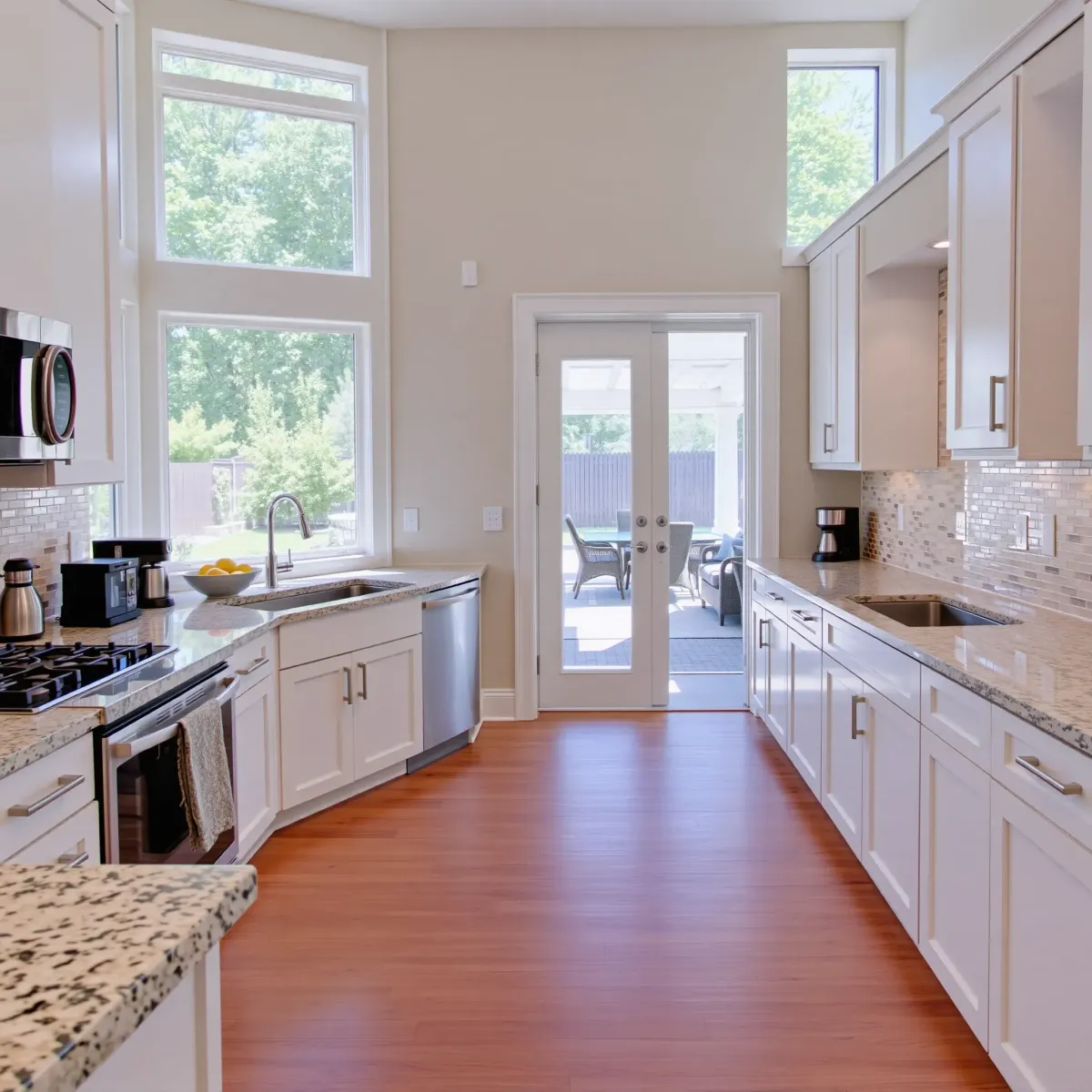 Recently remodeled Louisville, TN kitchen with granite counters, stainless appliances, hardwood floors, and stylish subway tiles.