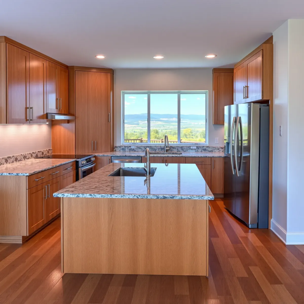 Modern Knoxville kitchen with warm wood cabinetry, granite countertops, stainless appliances, and scenic view.