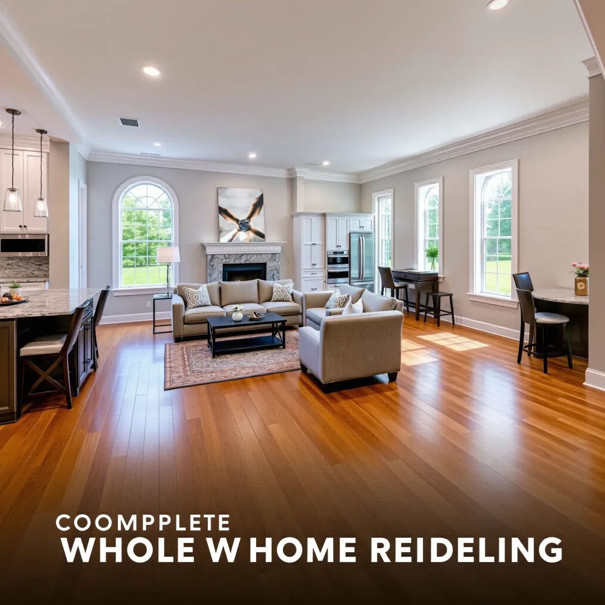 Remodeled LaFollette, TN living room with hardwood floors, modern furniture, neutral walls, large windows, and integrated kitchen