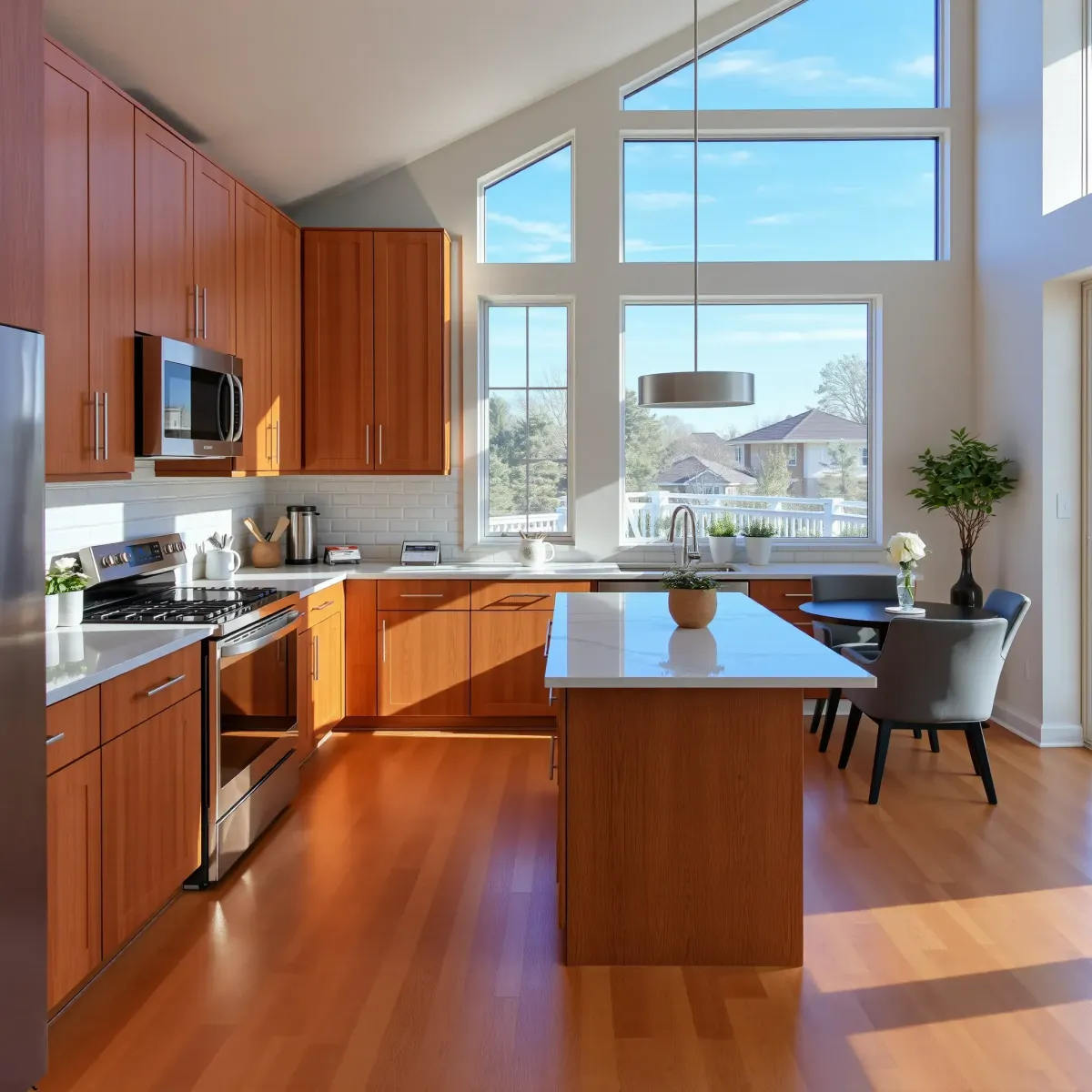 Modern kitchen in Tellico Village with granite countertops, stainless steel appliances, custom cabinetry, and scenic outdoor views.