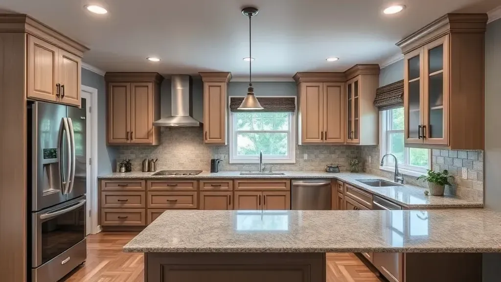 Renovated Sevierville, TN kitchen with modern cabinets, quartz countertops, stainless steel appliances, and mountain views.