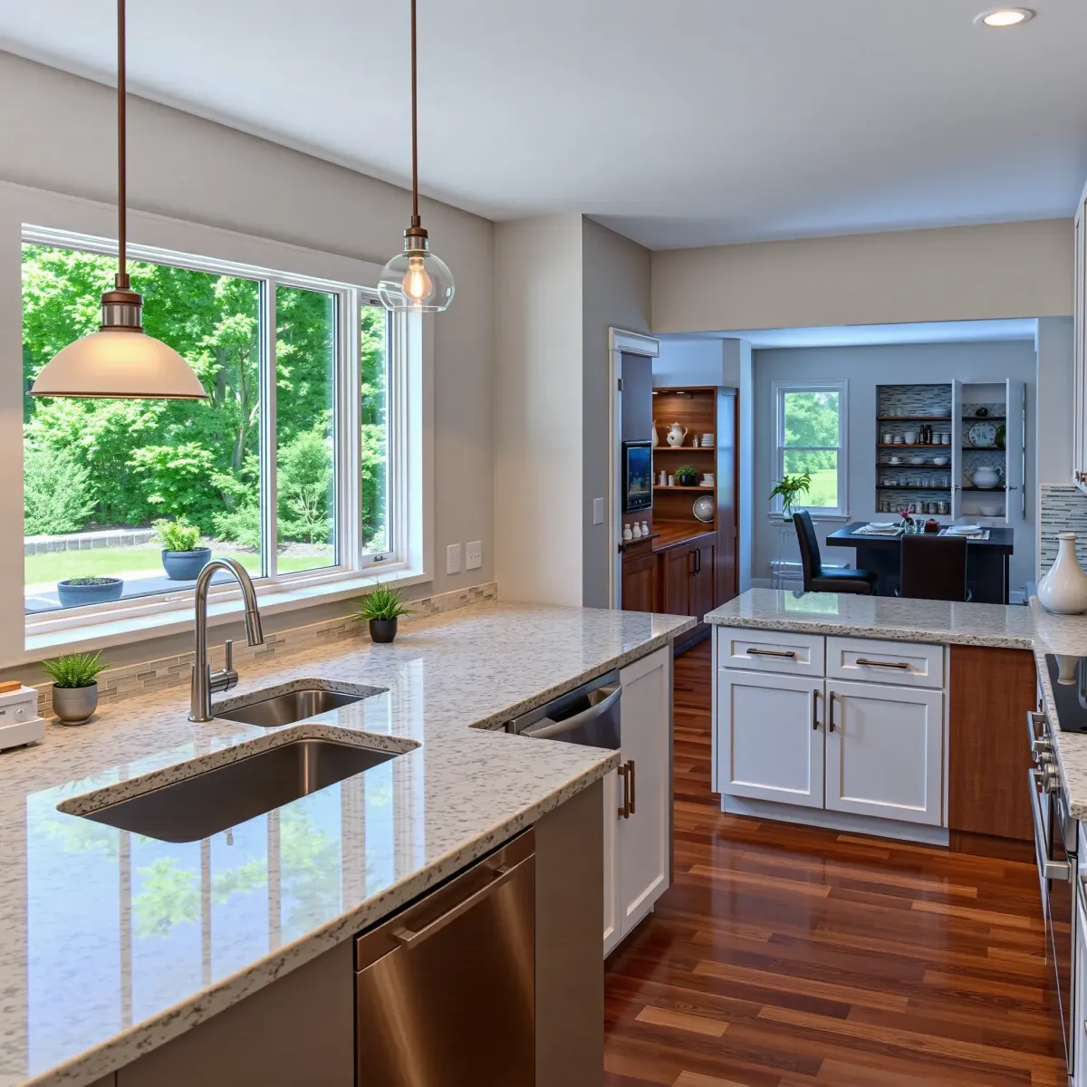 Renovated Halls Crossroads kitchen with modern design, granite counters, stainless steel appliances, and natural light.