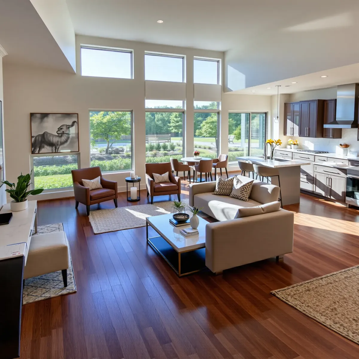 Beautiful remodeled Farragut living room with modern furniture, large windows, polished floors, and elegant kitchen.