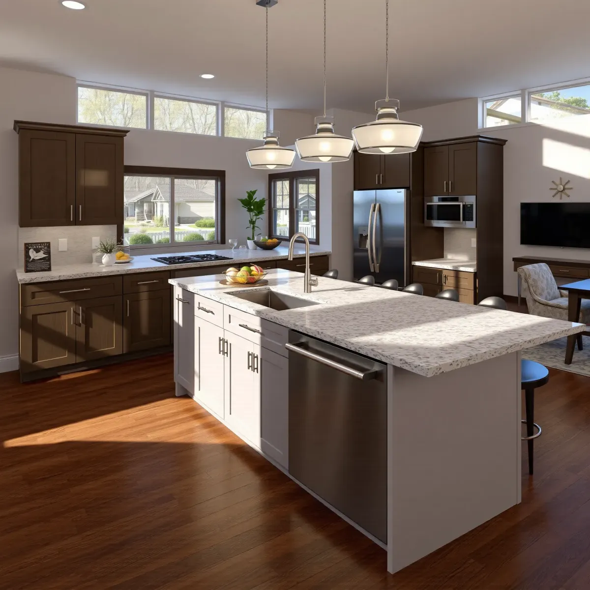 Morristown, TN modern kitchen remodel with stainless steel appliances, granite island, custom wood cabinets, and bright natural light.
