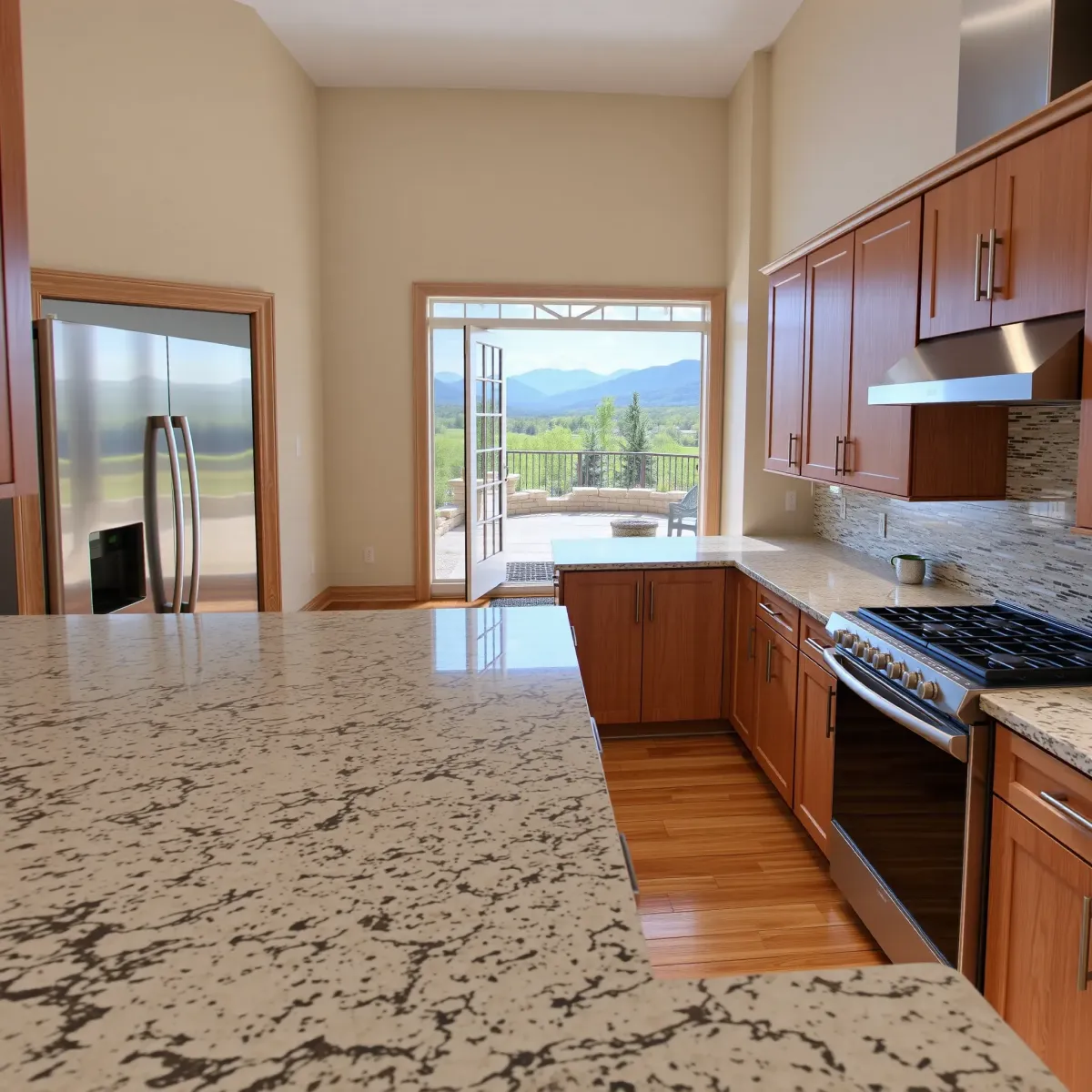 Renovated Pigeon Forge, TN kitchen with modern wooden cabinets, granite counters, stainless appliances, and warm lighting.
