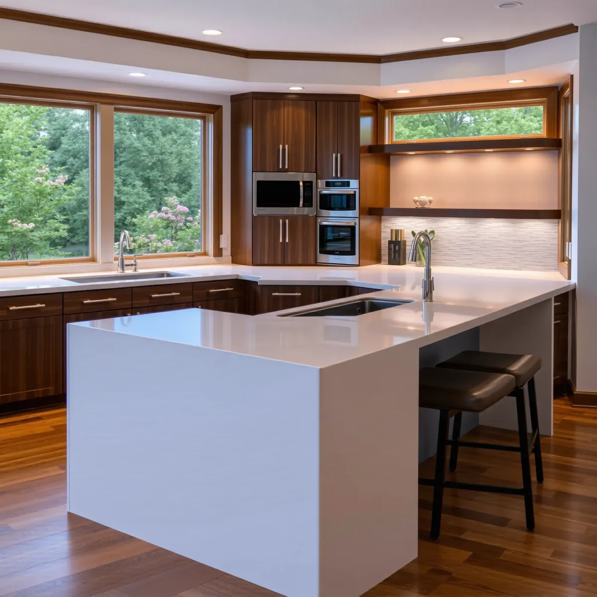 Recently remodeled Etowah, TN kitchen with warm wood cabinets, stainless steel appliances, hardwood floors, and modern decor.