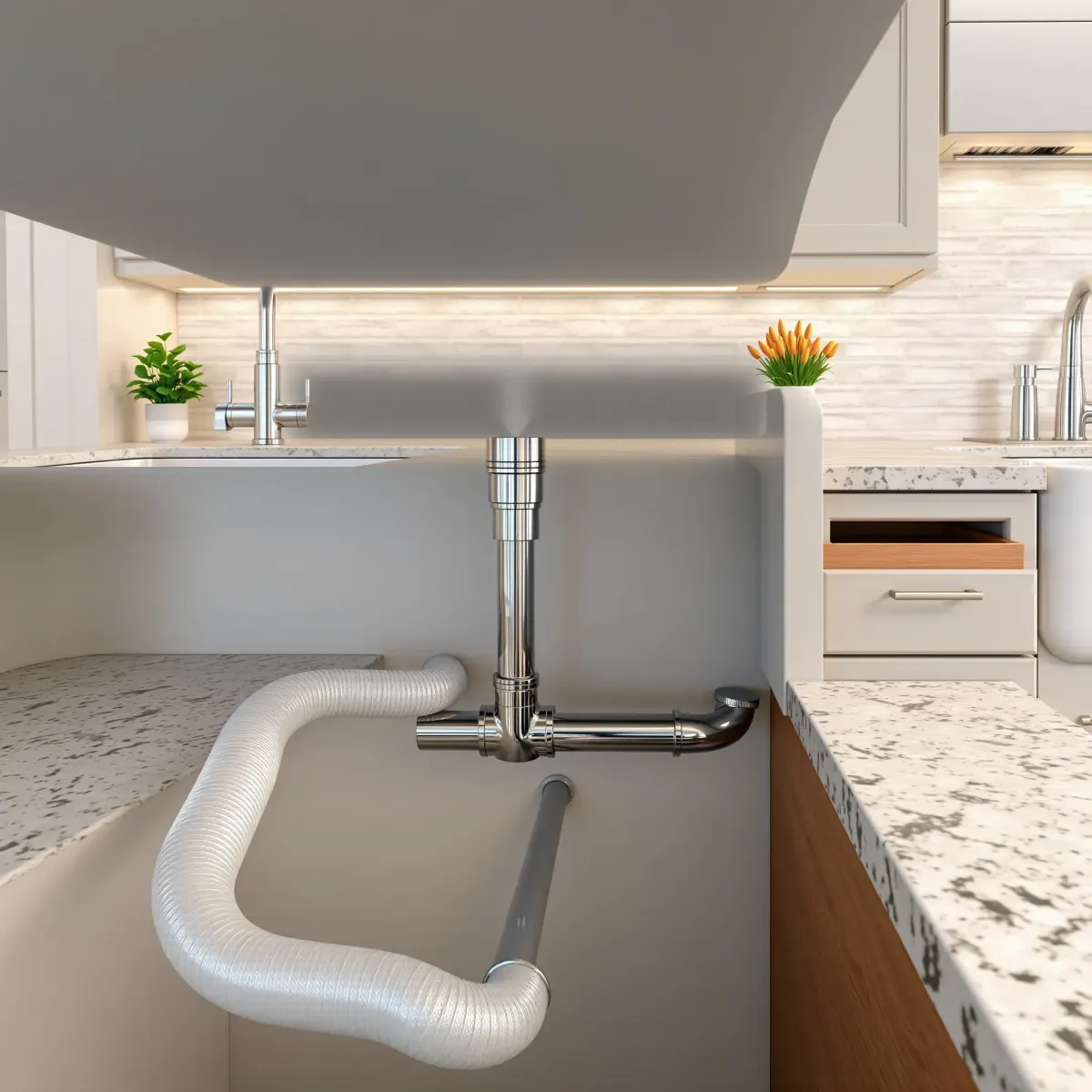 Modern Knoxville kitchen with sleek stainless steel plumbing under granite counter, featuring farmhouse sink and elegant decor.